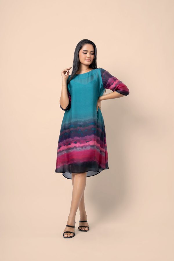 Watercolour patterned Round Neck Short Dress - Image 5