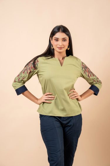Two-Tone Embroidered Notch Necked Top