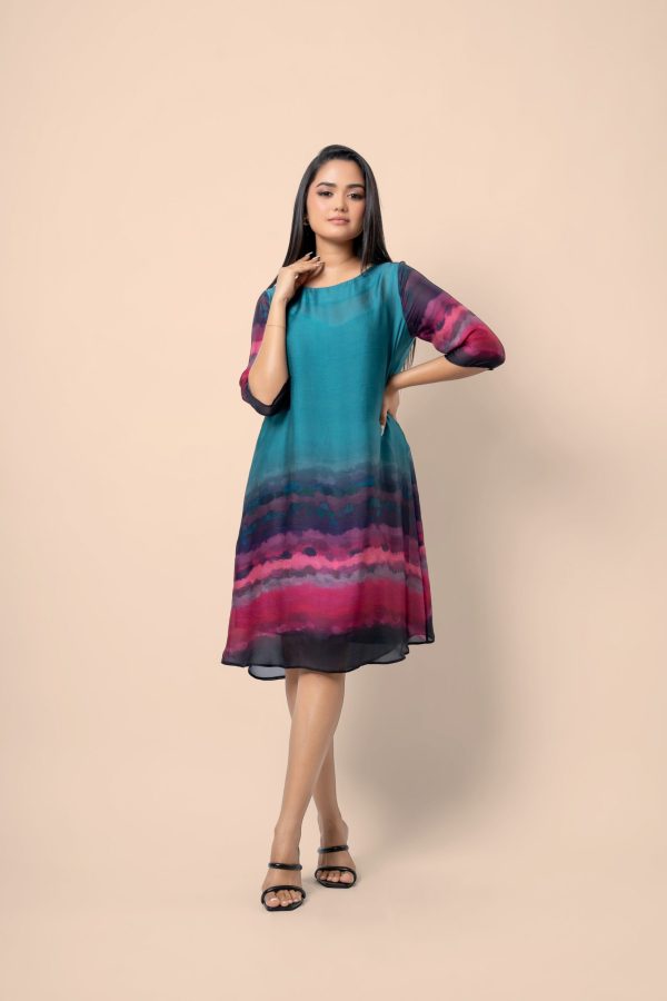 Watercolour patterned Round Neck Short Dress - Image 4