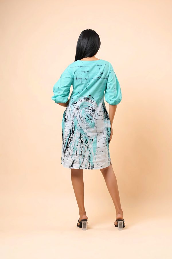 Puff Sleeve Notch Neck Batik Short Dress - Image 5