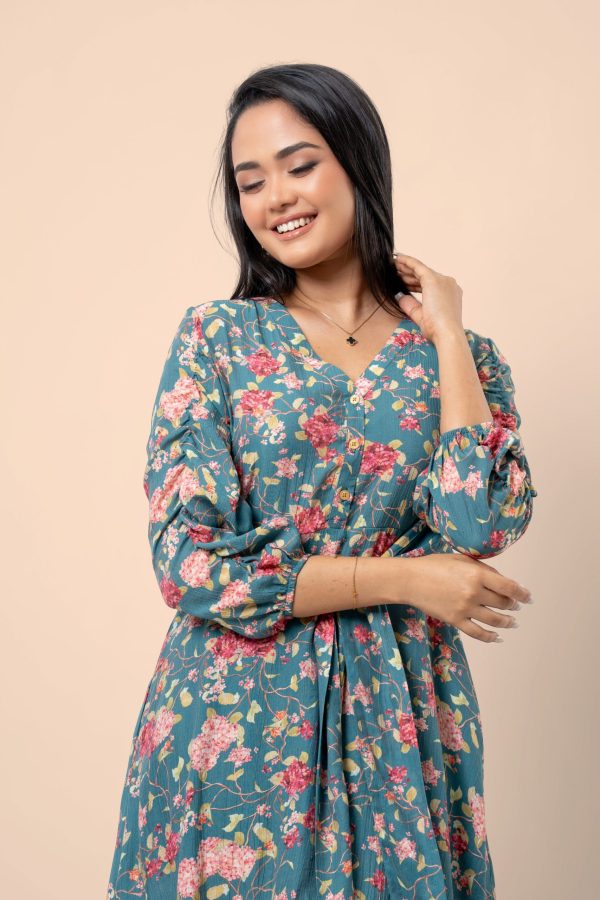Floral Patterned Ruched Sleeve Short Dress - Image 4