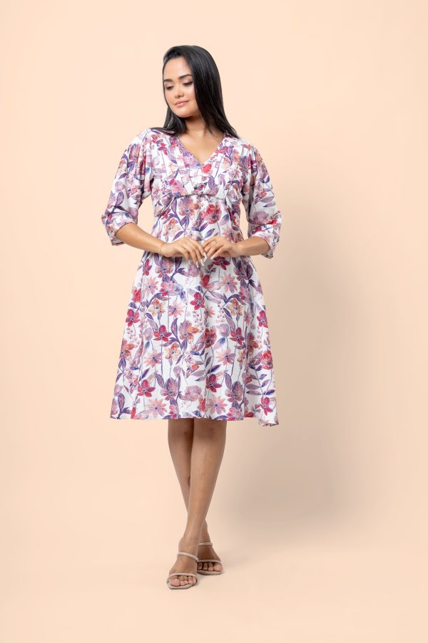Floral Patterned Twisted Pleat Detail Short Dress - Image 4