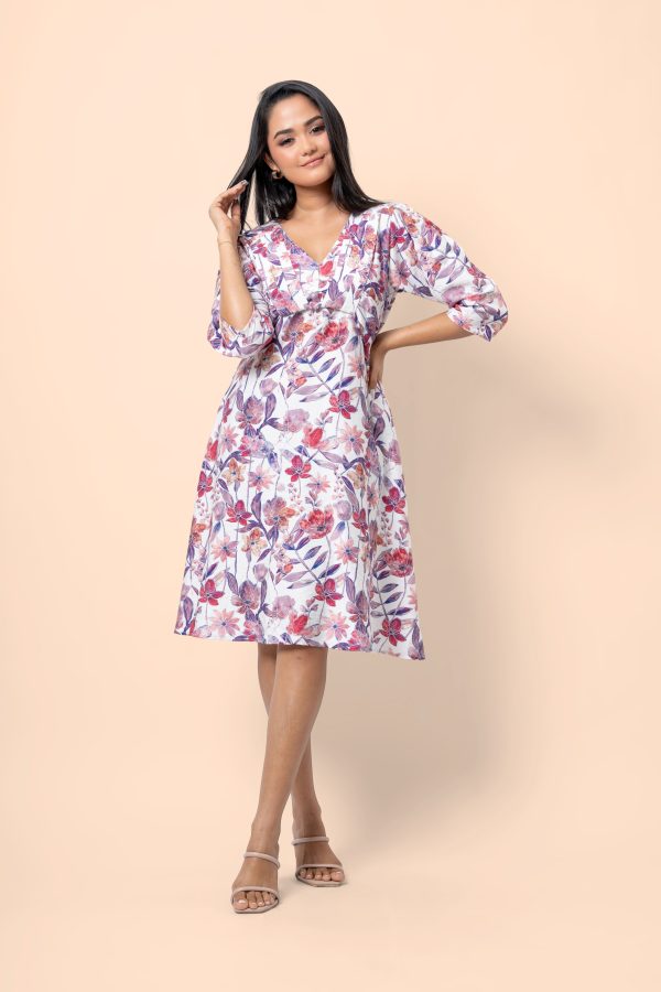 Floral Patterned Twisted Pleat Detail Short Dress - Image 2