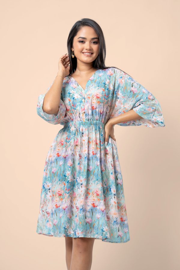Waist Gather Detail Maggie Sleeve Short Dress - Image 2
