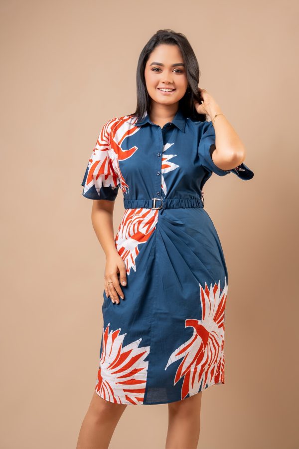 Pleated Short Batik Dress with Waist Belt