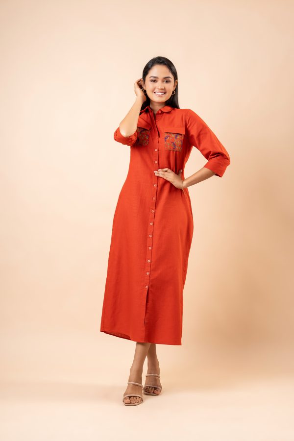 Pocket Embroidery Detail Midi Shirt Dress - Image 3