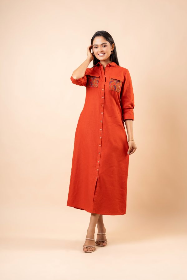 Pocket Embroidery Detail Midi Shirt Dress - Image 4