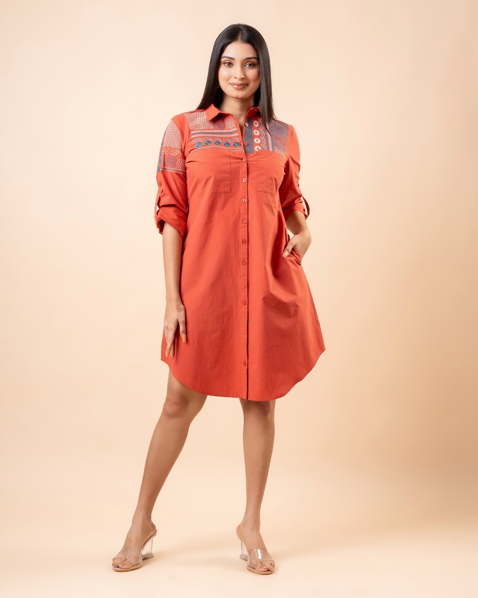 Embroidery Detail Short Shirt Dress - Image 2