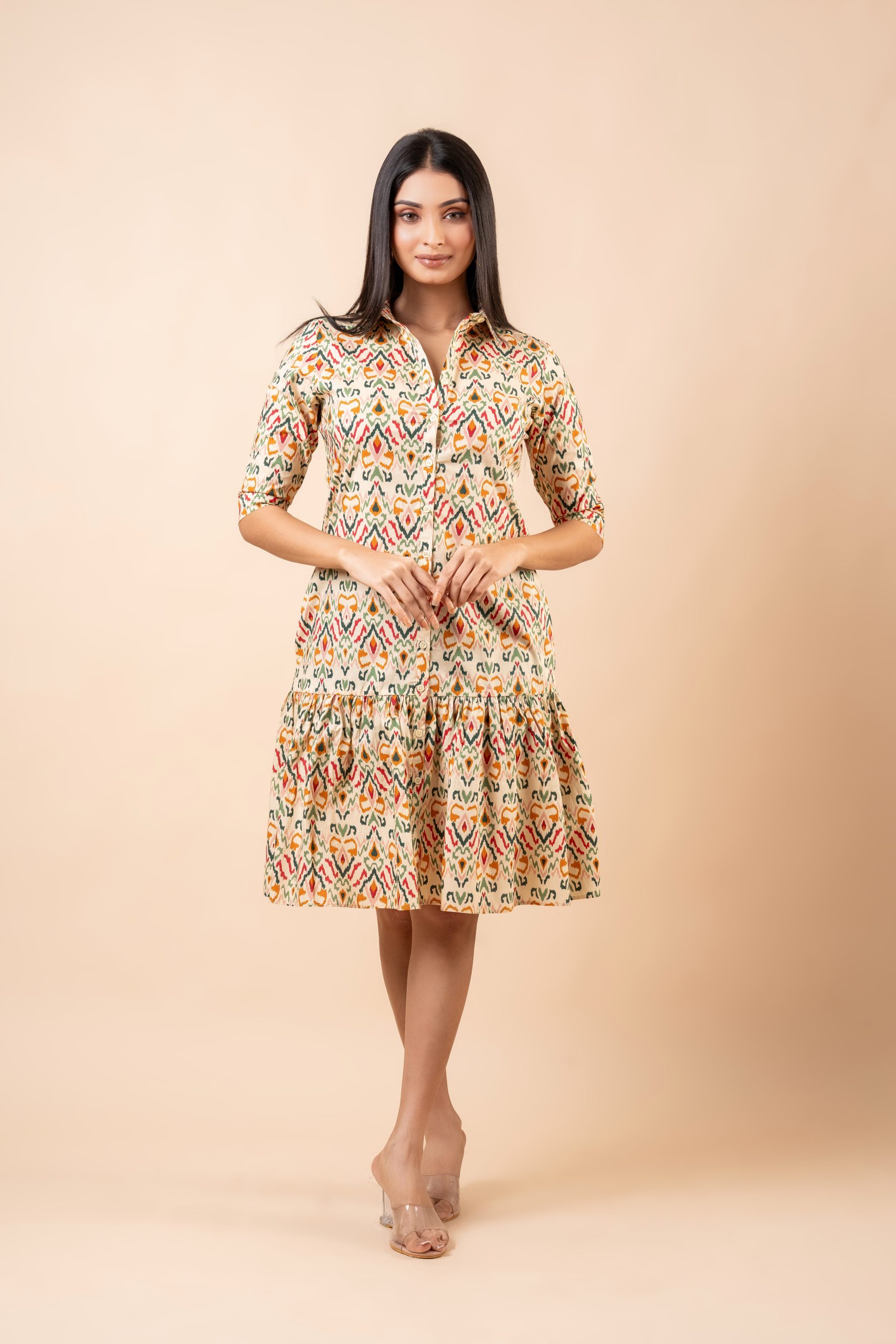 Abstract Patterned Tiered Short Shirt Dress - Image 3