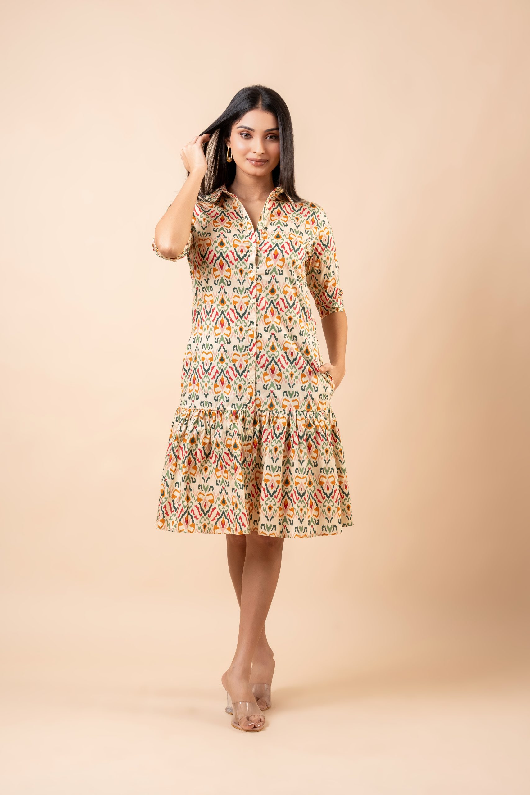 Abstract Patterned Tiered Short Shirt Dress - Image 2