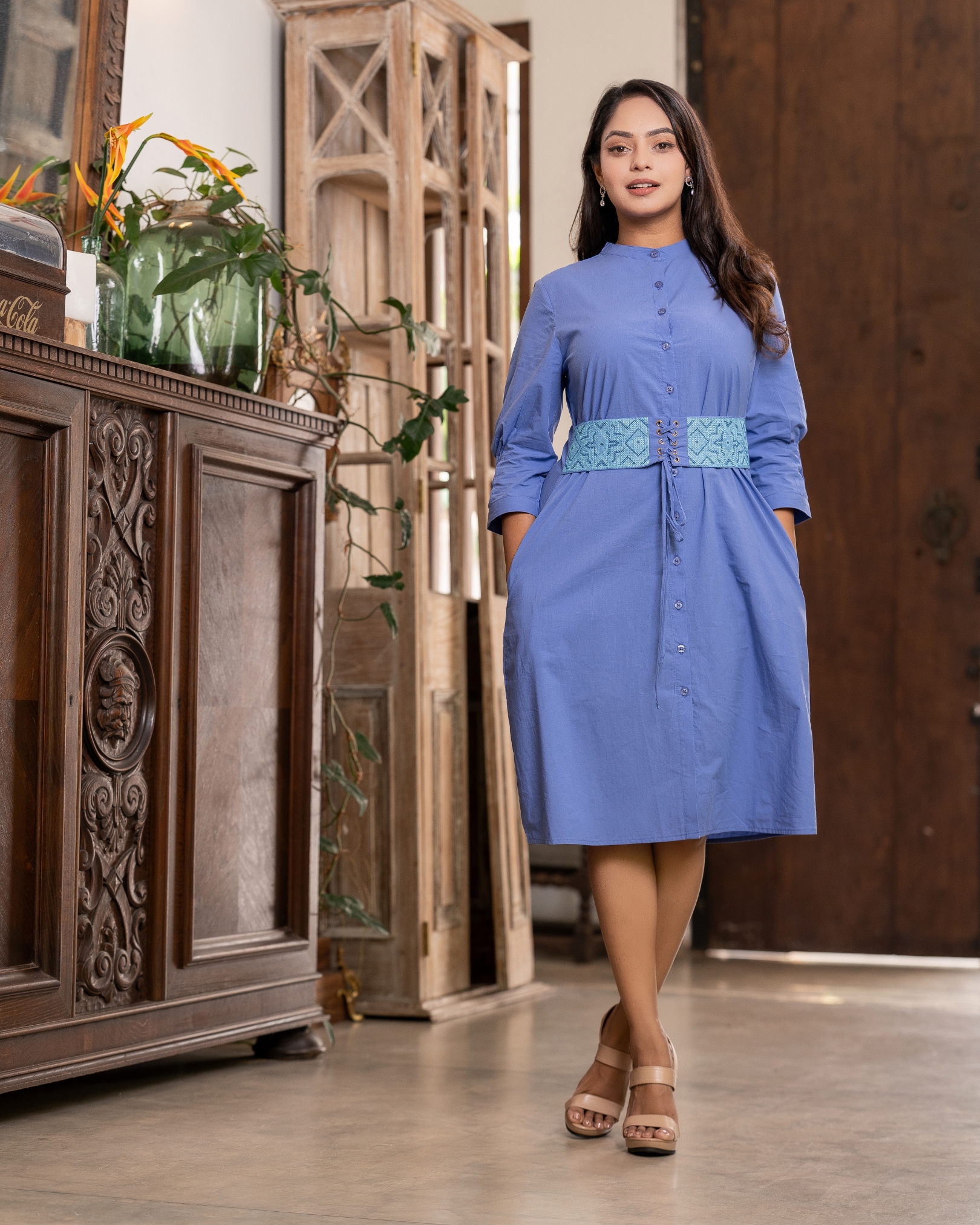 Belt Embroidered Cord Tie-Up Short Dress - Image 3