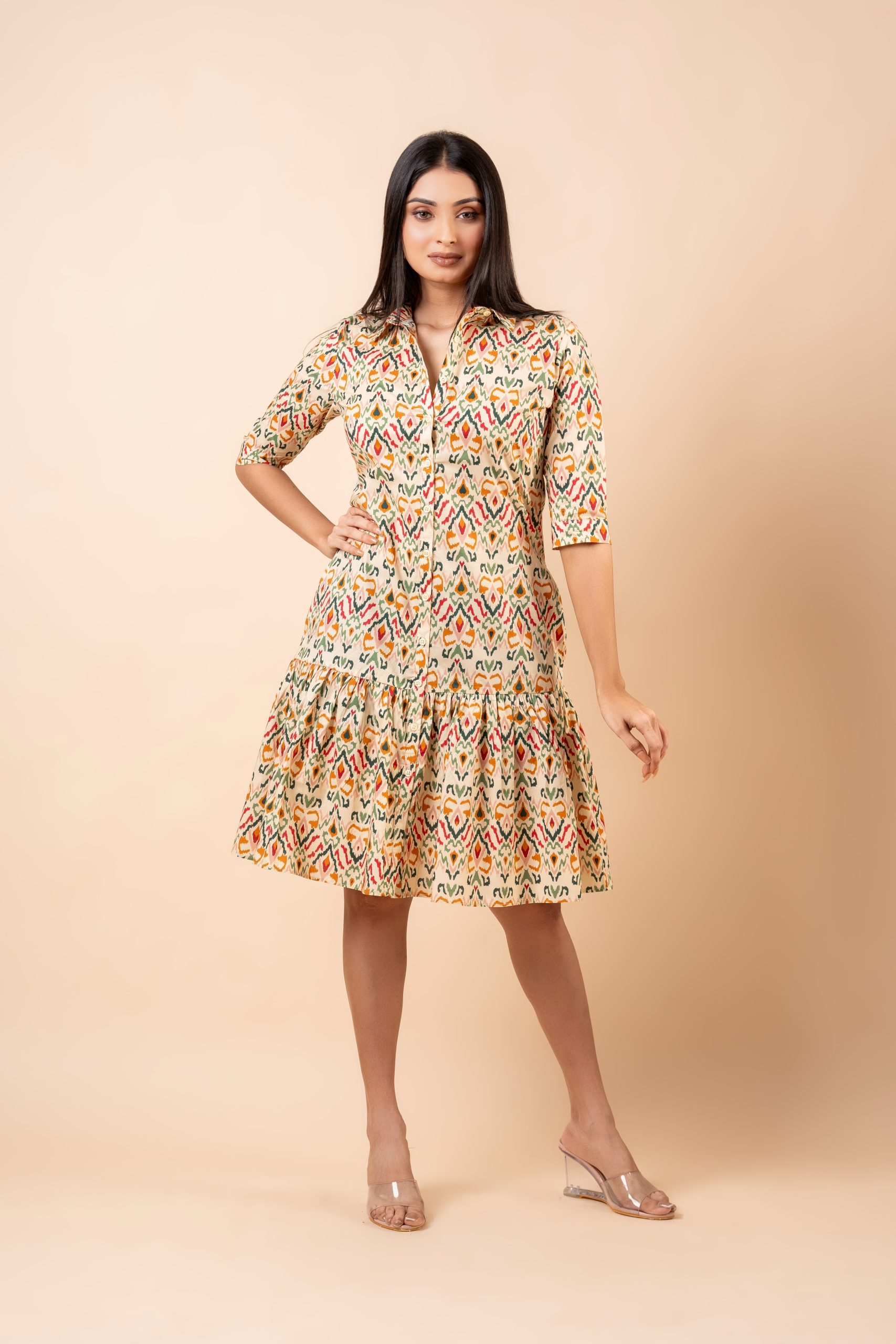 Abstract Patterned Tiered Short Shirt Dress