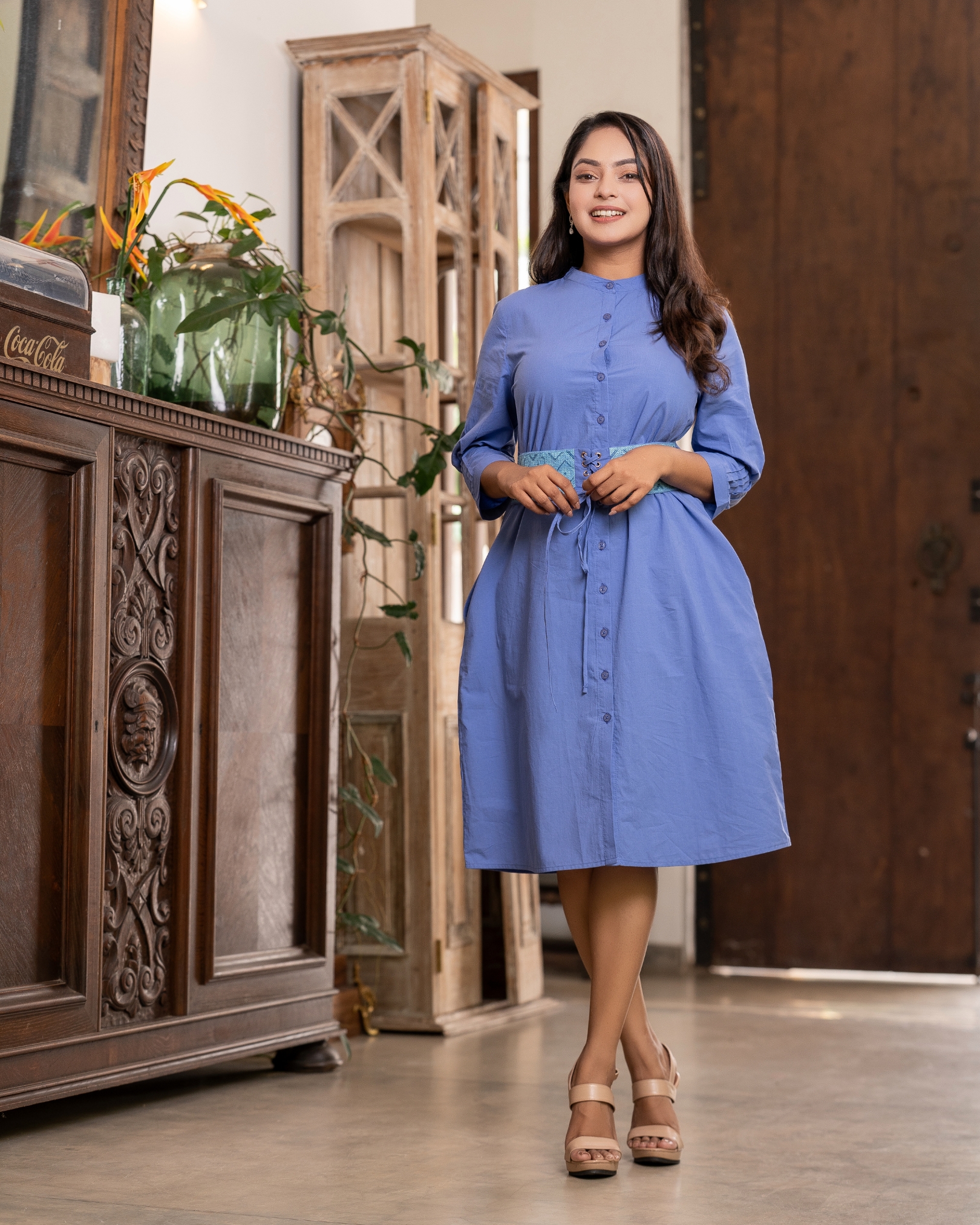 Belt Embroidered Cord Tie-Up Short Dress - Image 2