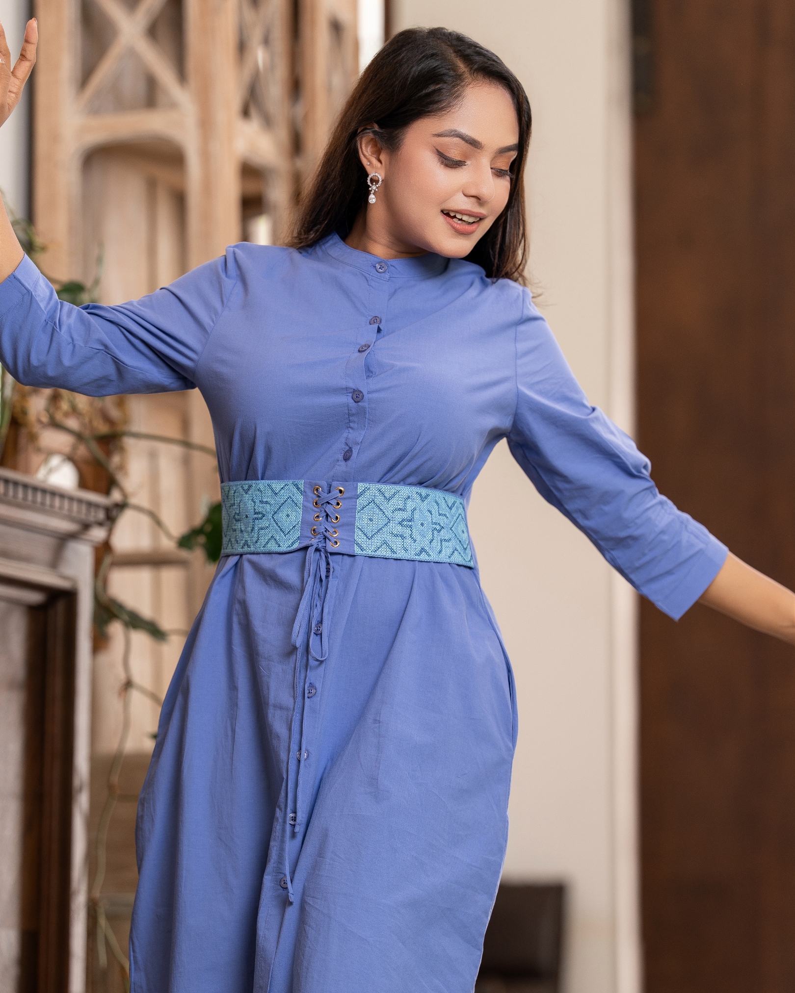 Belt Embroidered Cord Tie-Up Short Dress - Image 4