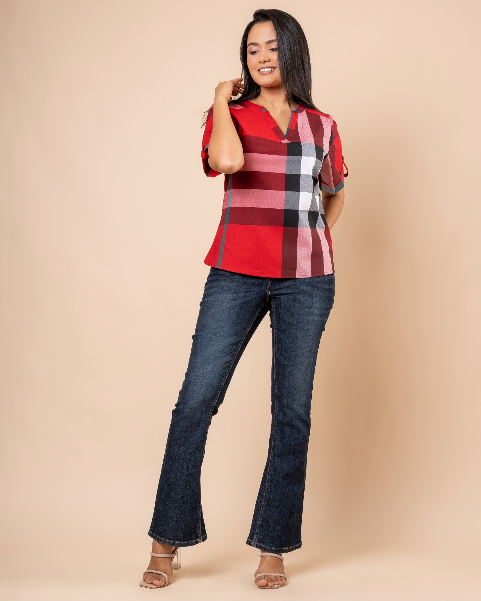 Plaid Patterned Tab Detail Blouse - Image 5