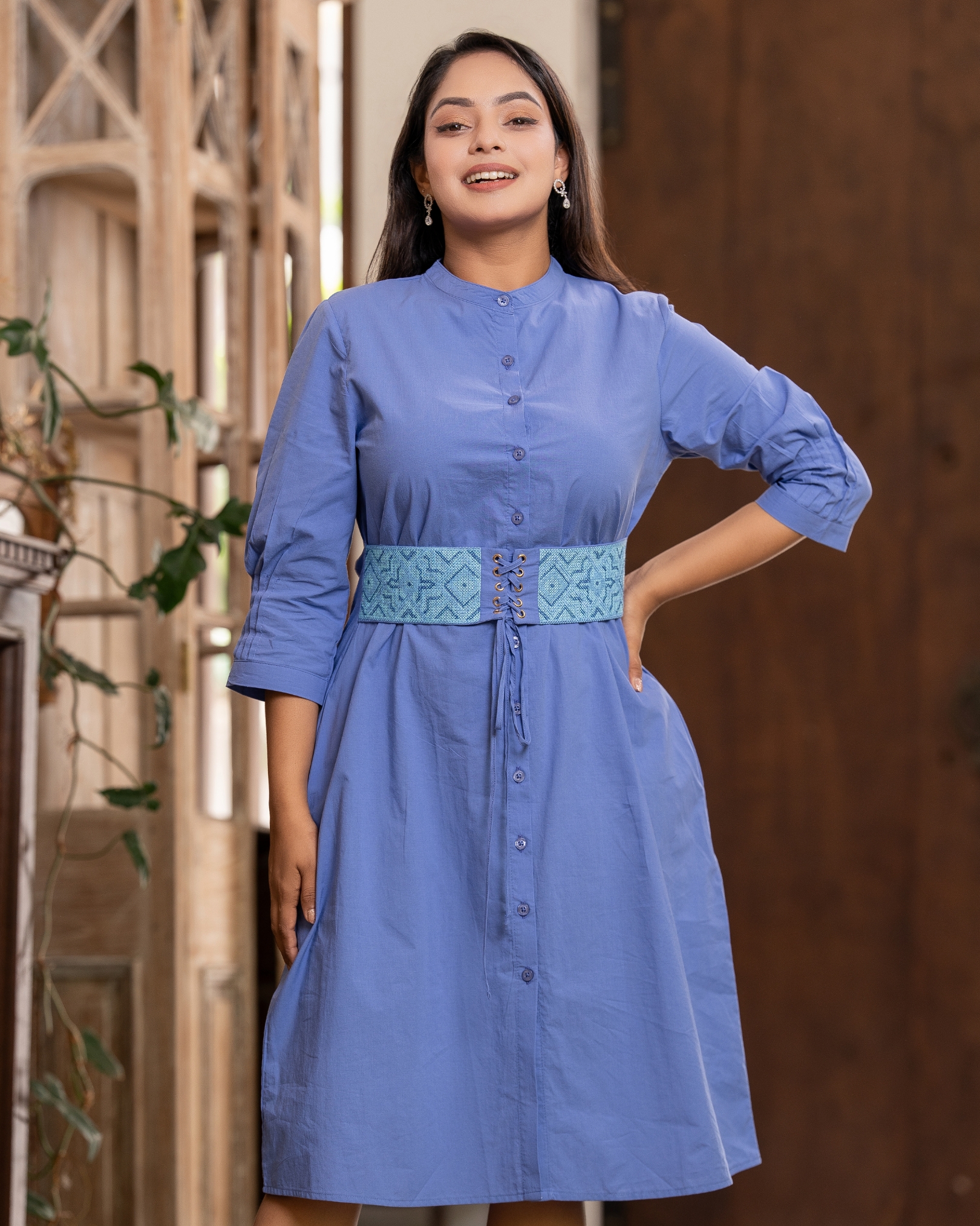 Belt Embroidered Cord Tie-Up Short Dress