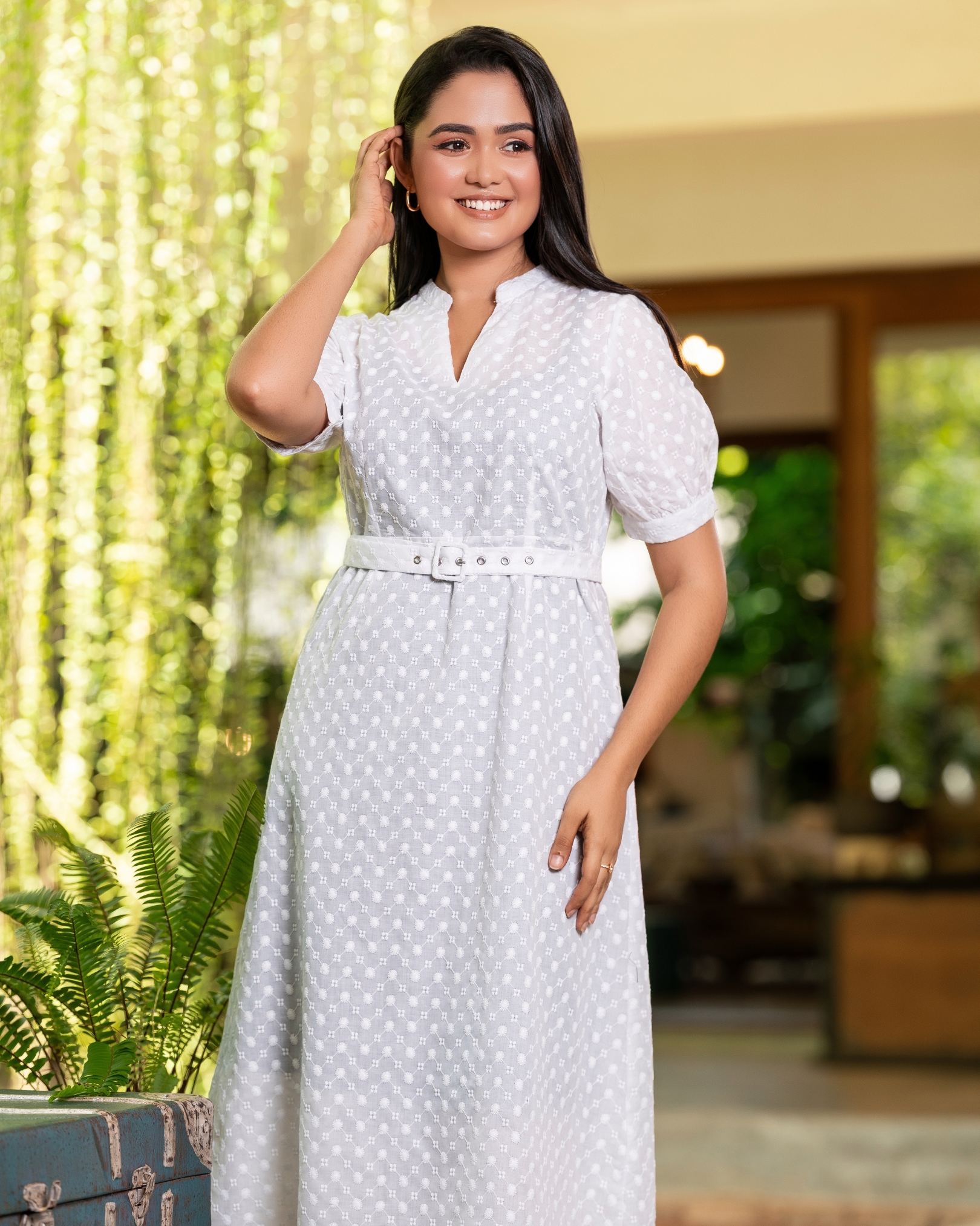 Belt Detail Puff Sleeve Midi Dress - Image 4