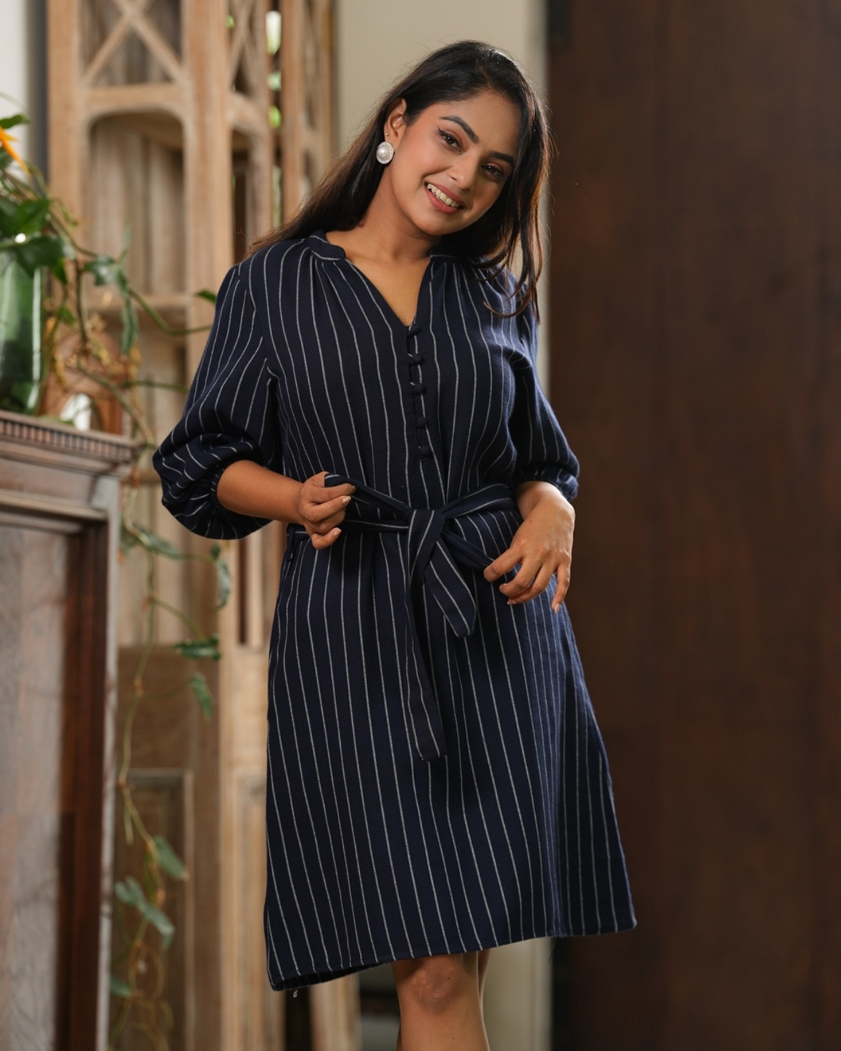 Stripe Patterned Belt Detail Short Shirt Dress - Image 3