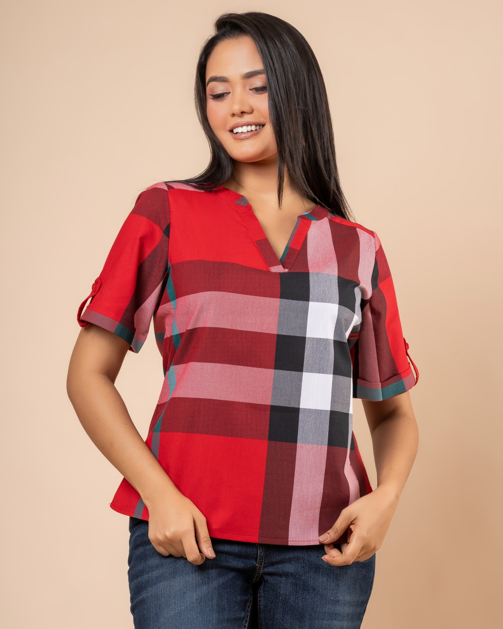 Plaid Patterned Tab Detail Blouse - Image 2