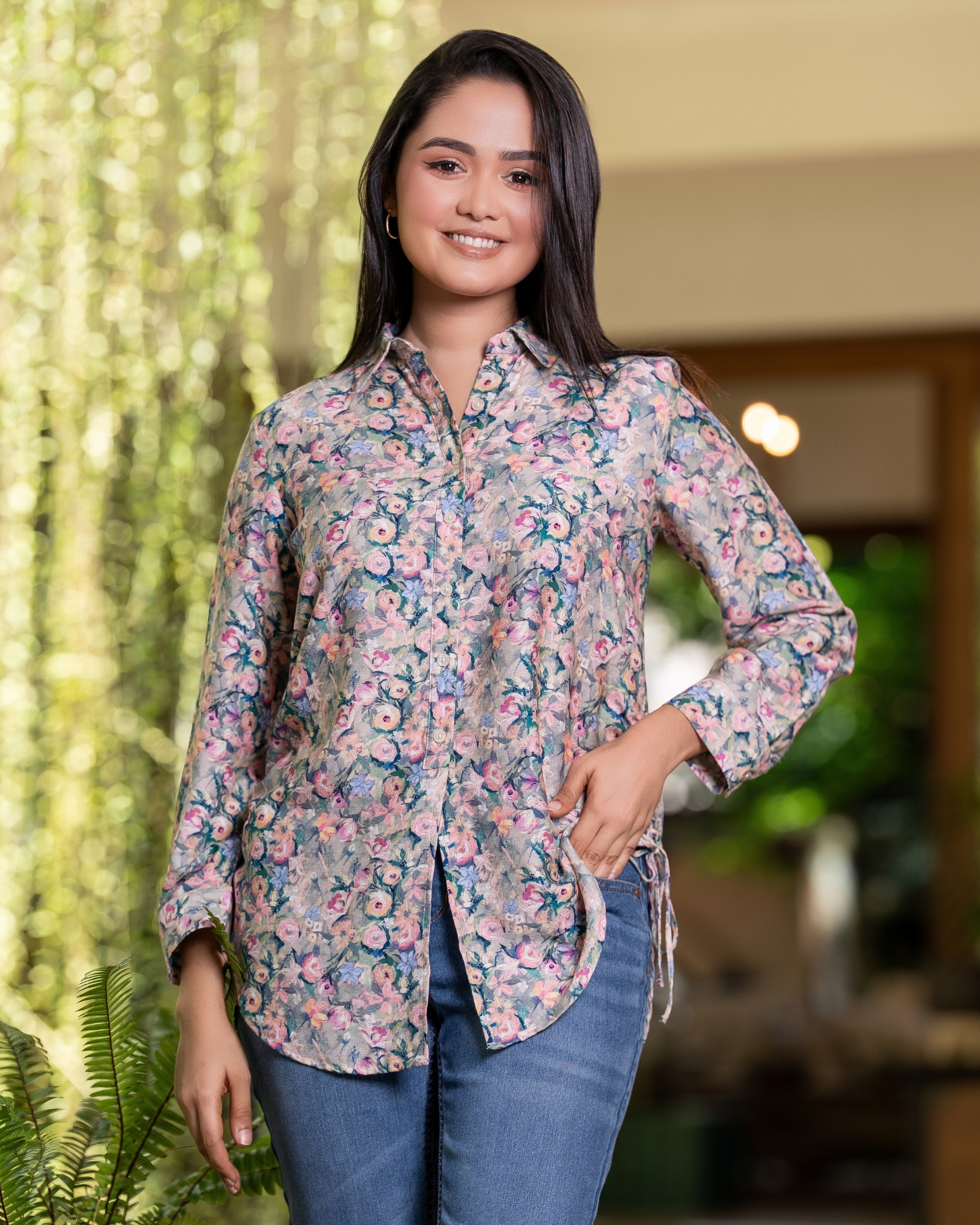 Floral Patterned Side Ruching Detail Shirt Blouse