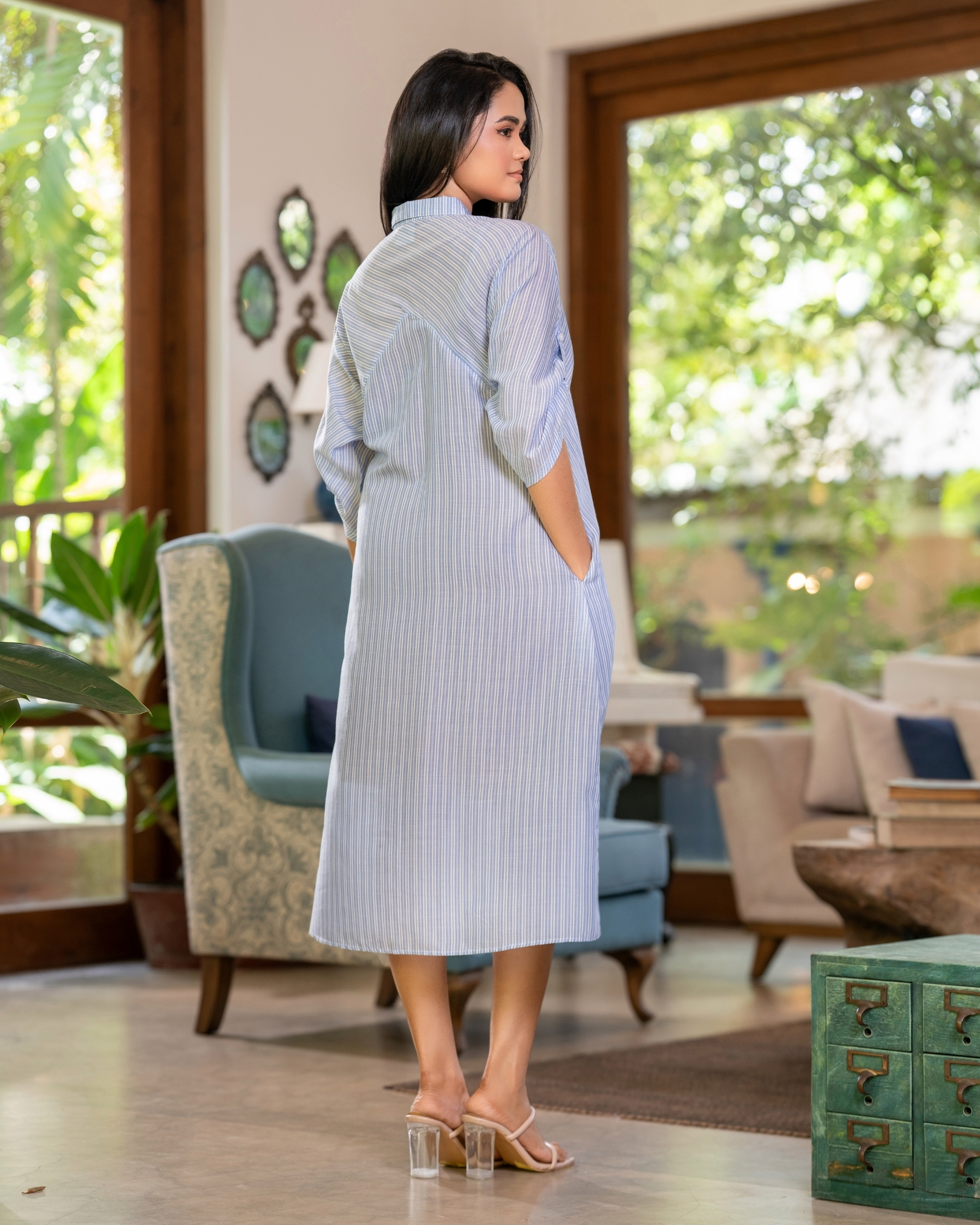 Stripe Patterned Tab detail Midi Shirt Dress - Image 5