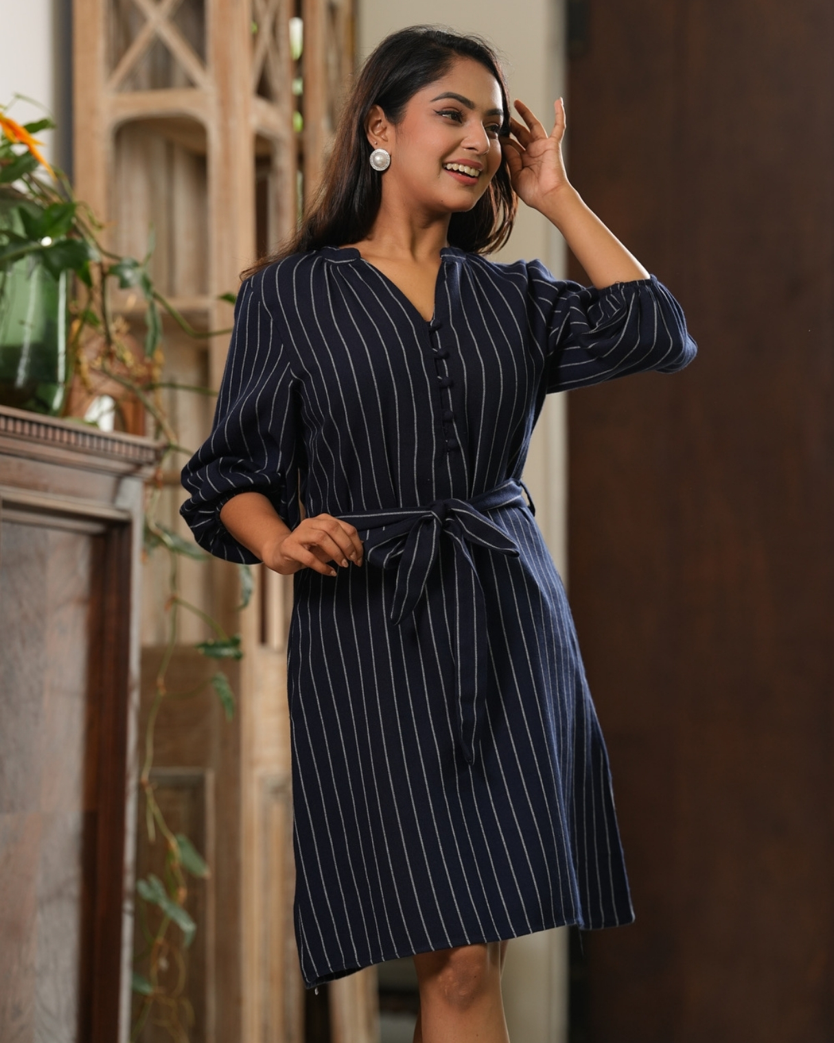 Stripe Patterned Belt Detail Short Shirt Dress - Image 5