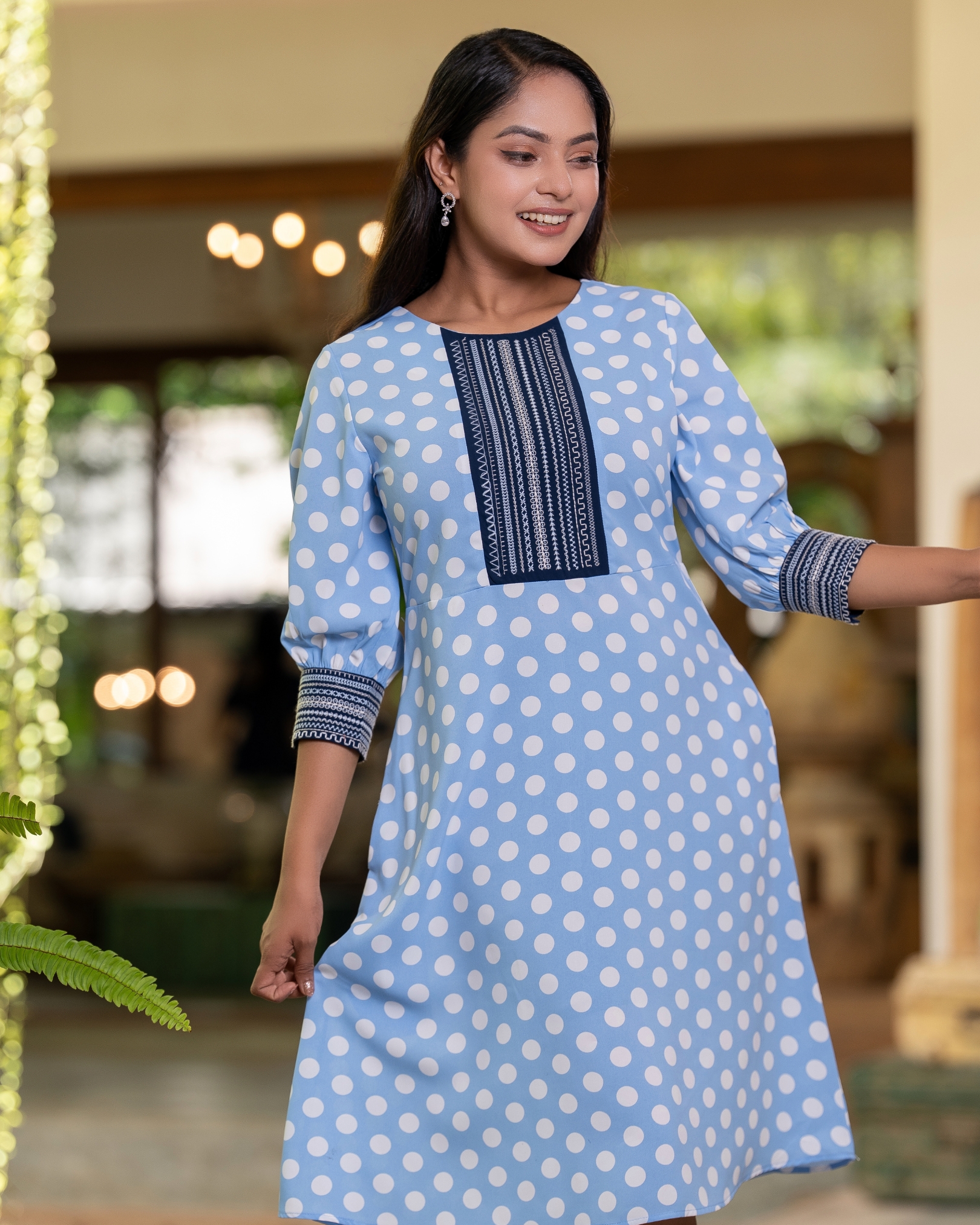 Polka Dot Patterned Embroidery Detail Short Dress - Image 4