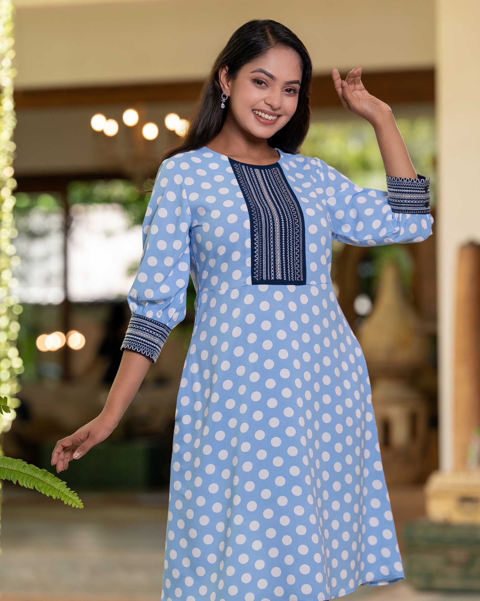 Polka Dot Patterned Embroidery Detail Short Dress - Image 2