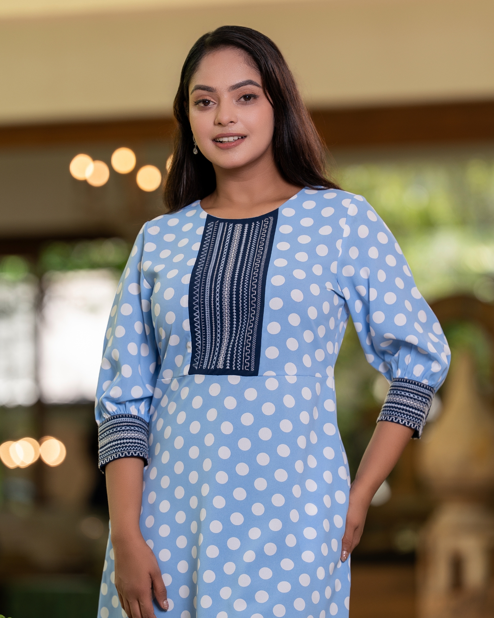 Polka Dot Patterned Embroidery Detail Short Dress