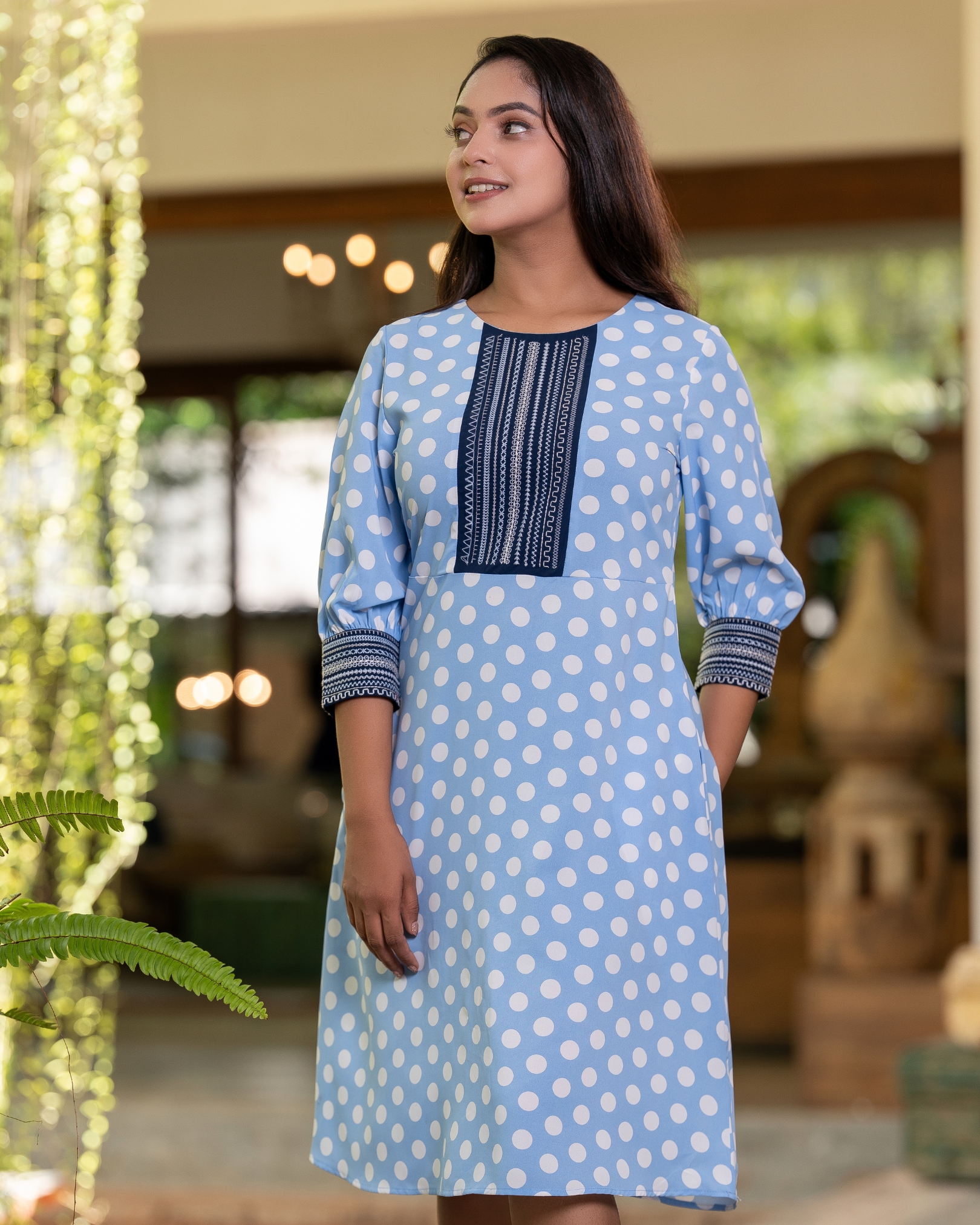 Polka Dot Patterned Embroidery Detail Short Dress - Image 6