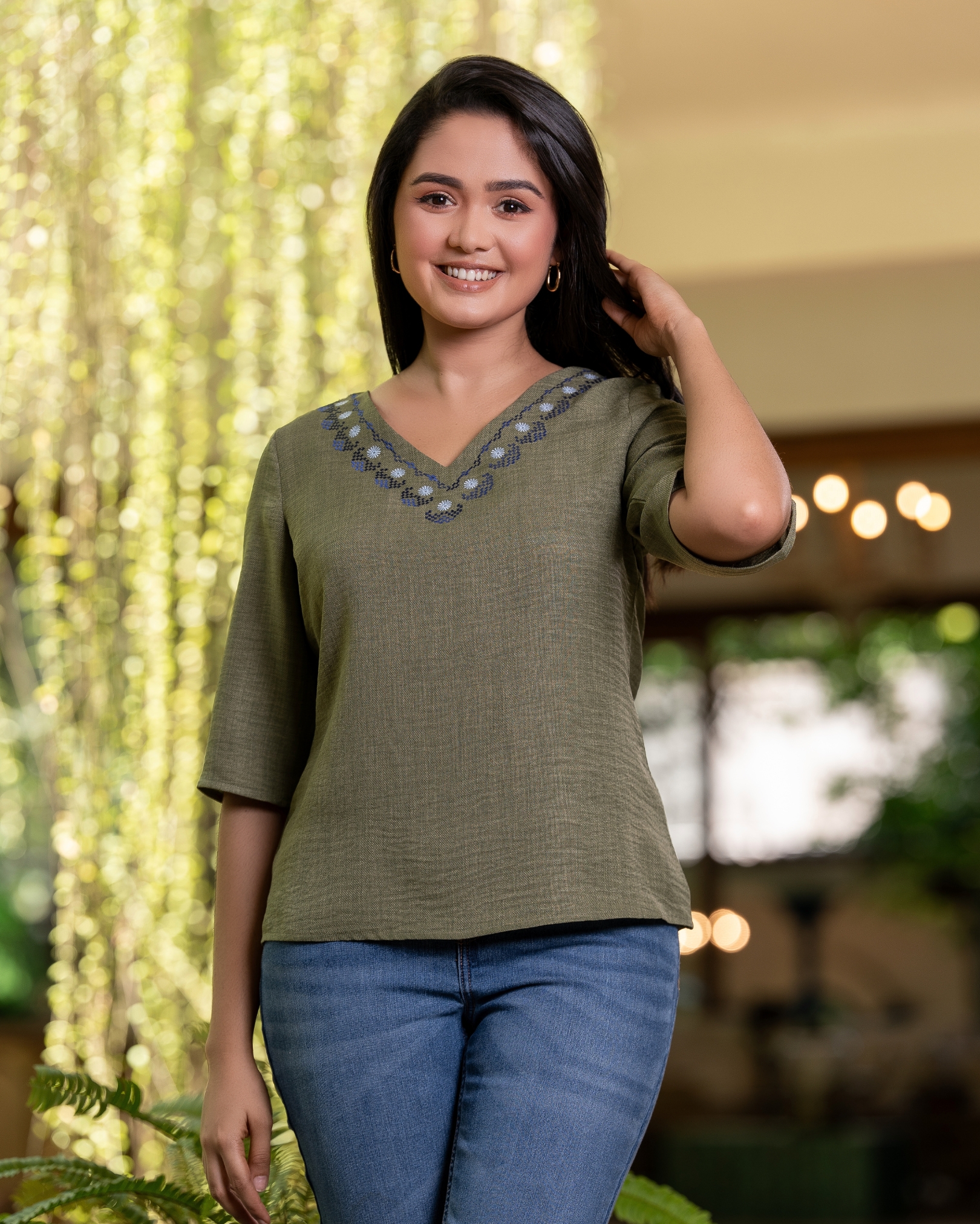 Embroidery Detail V-Neck Blouse - Image 4