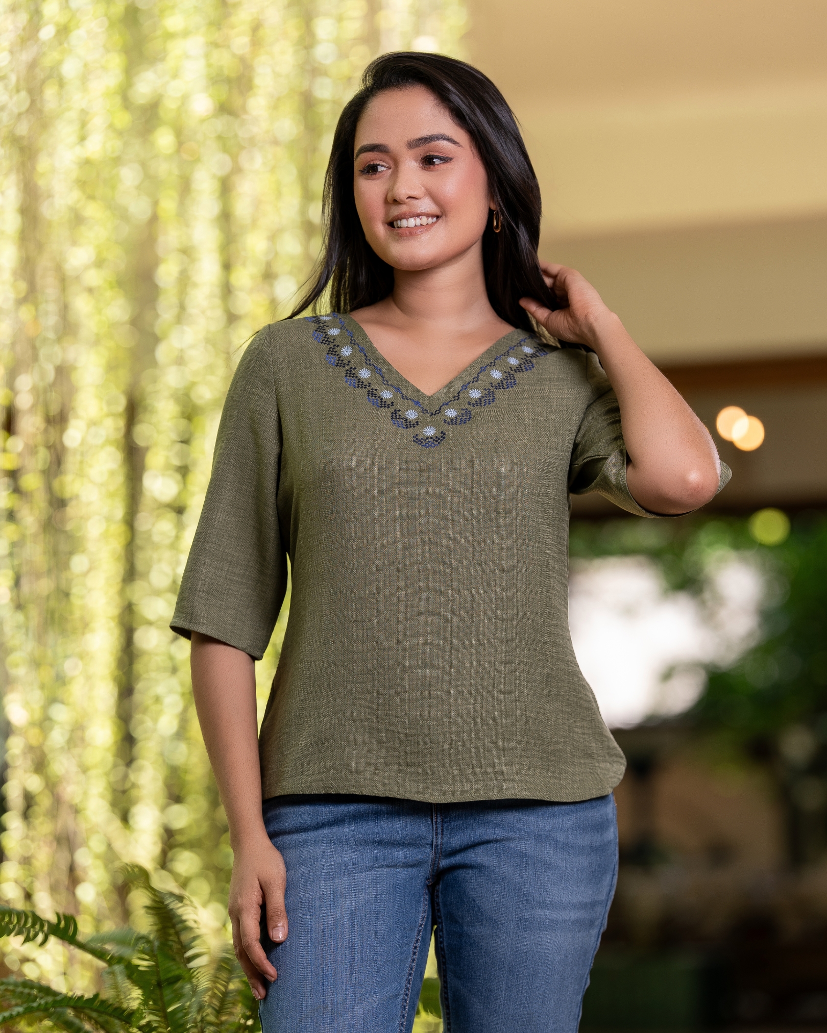 Embroidery Detail V-Neck Blouse - Image 3