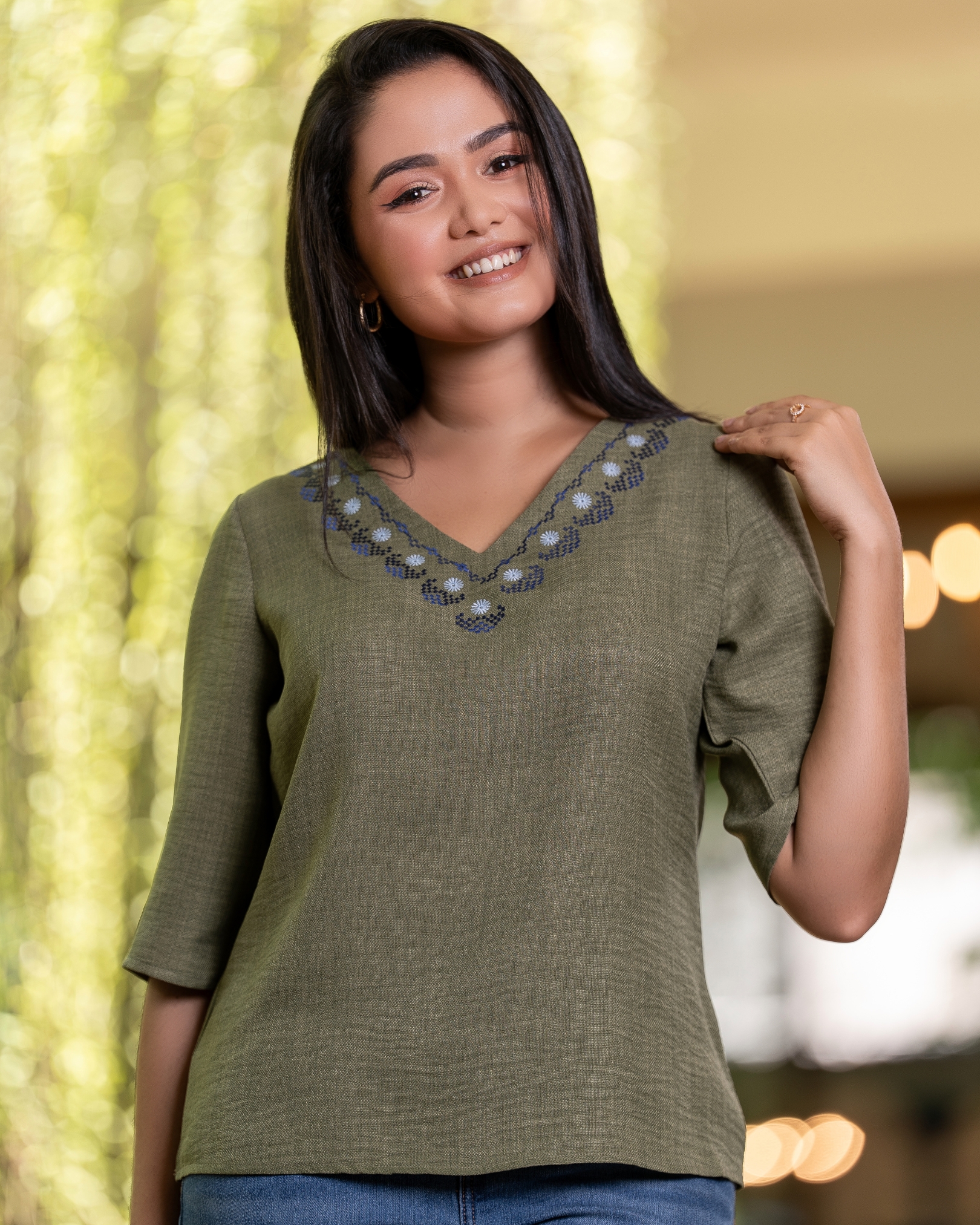 Embroidery Detail V-Neck Blouse