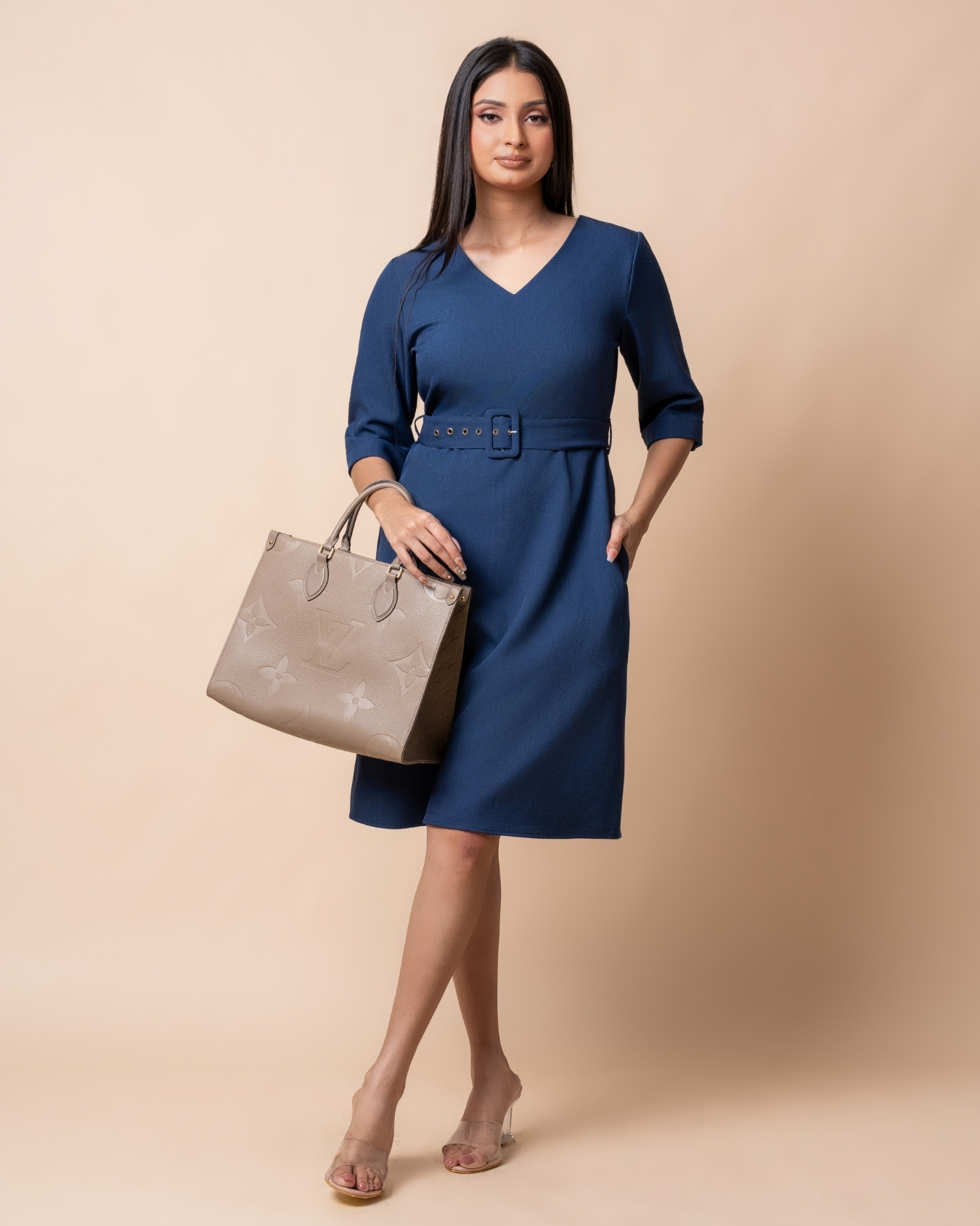 V - Neck Waist Belted Short Dress - Image 2