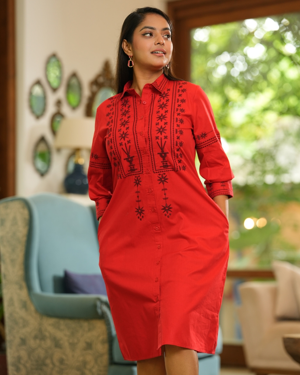 Button-Down Front With Embroidery Detail Short Dress - Image 4