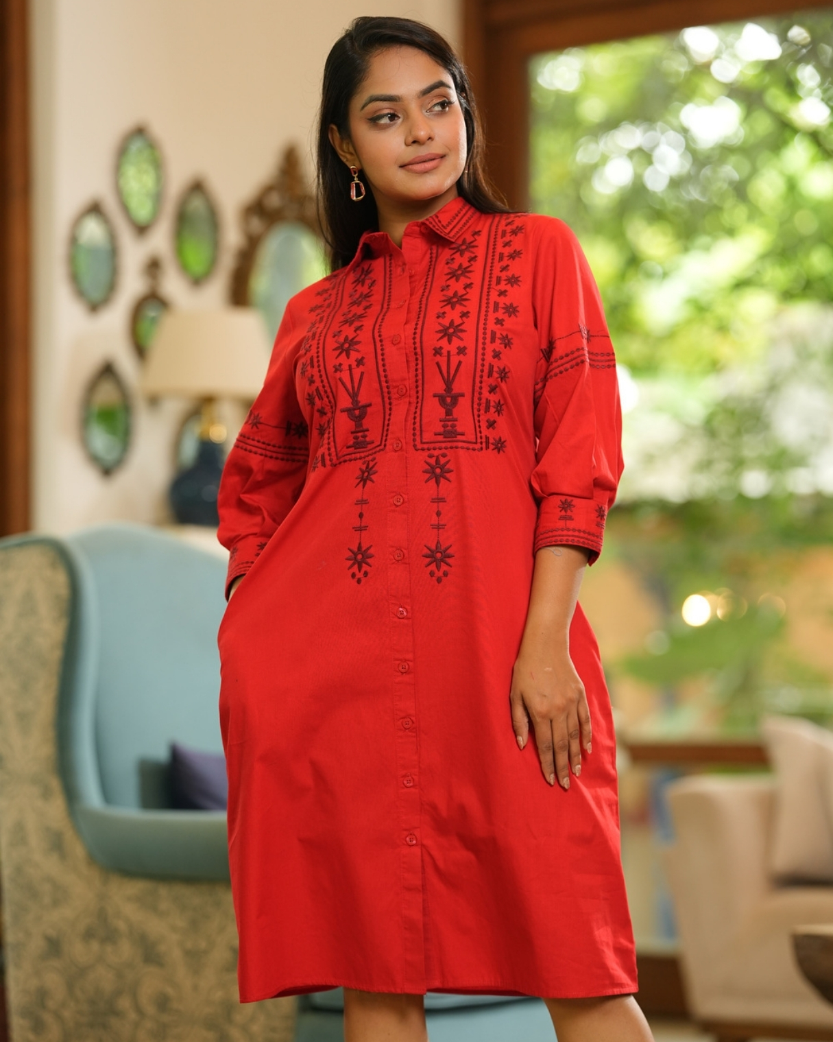 Button-Down Front With Embroidery Detail Short Dress - Image 3