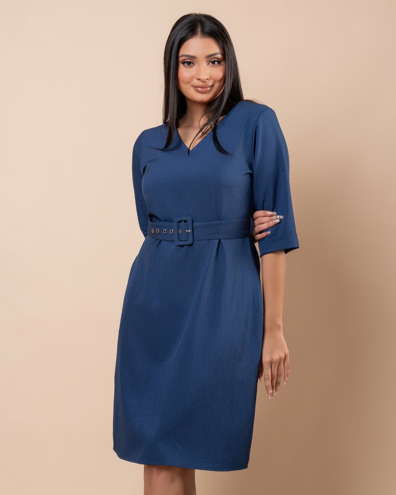 V - Neck Waist Belted Short Dress - Image 6