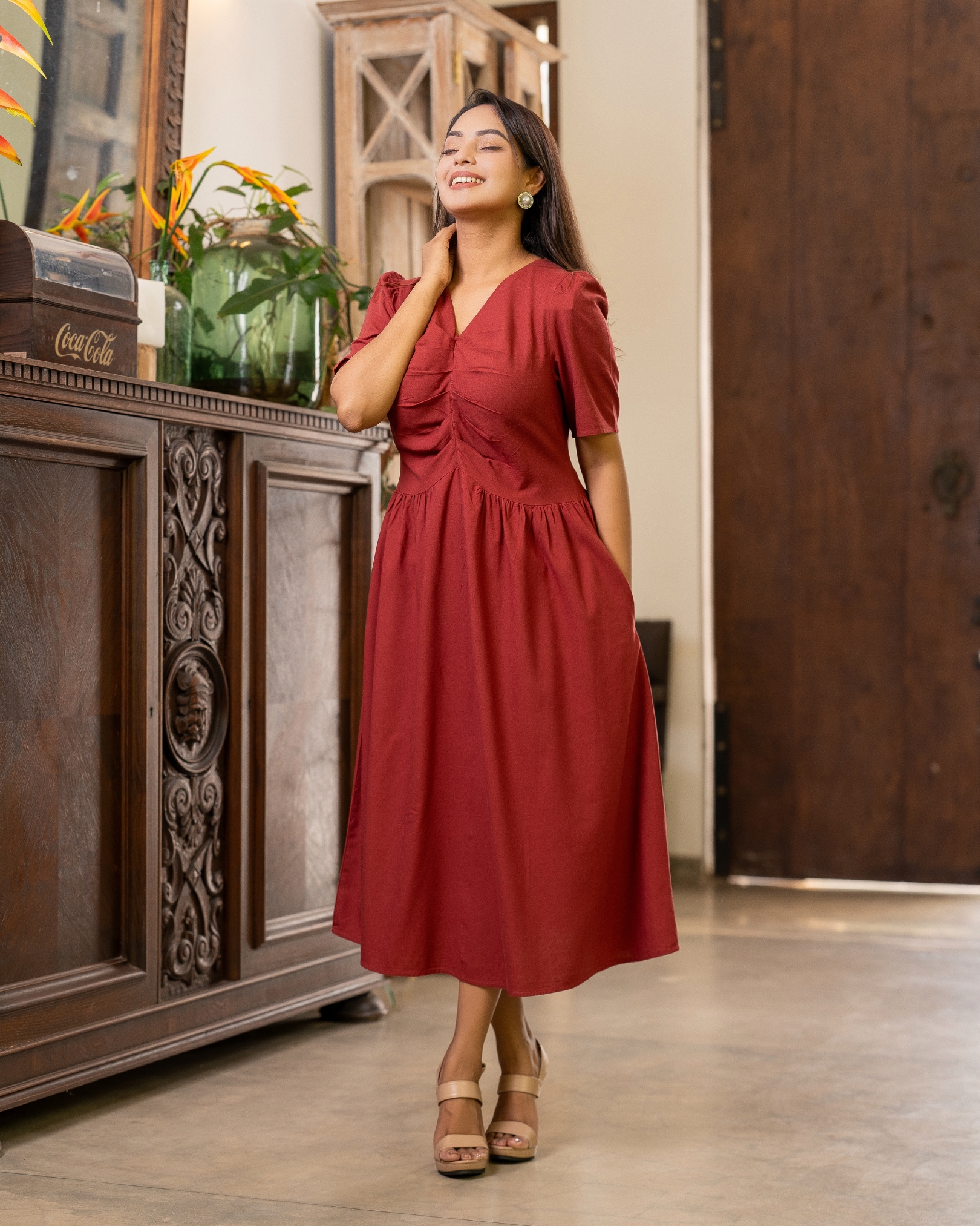 Front Mini Pleat Detail High-Low Waisted Midi Dress - Image 2