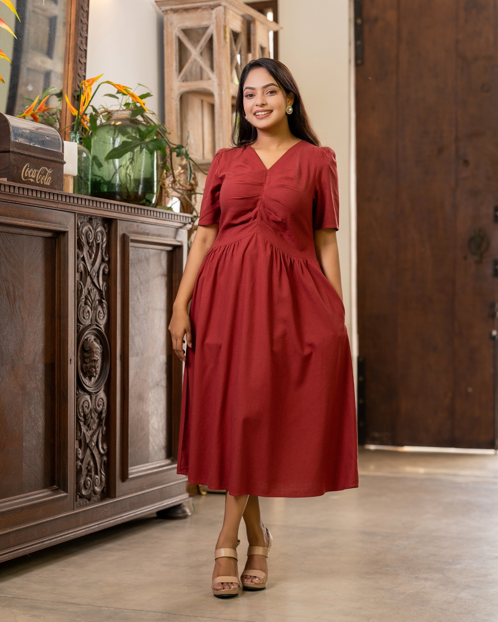 Front Mini Pleat Detail High-Low Waisted Midi Dress