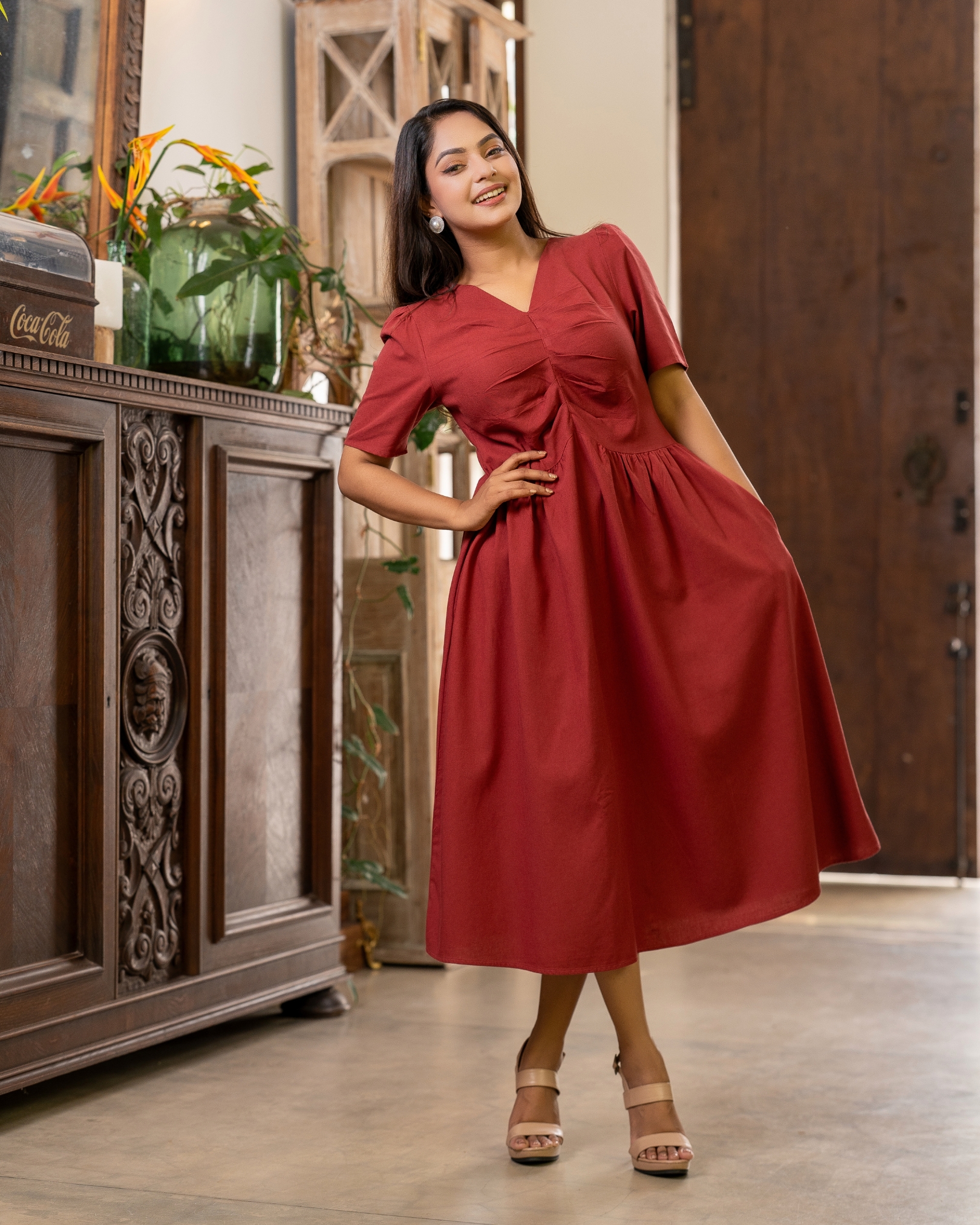 Front Mini Pleat Detail High-Low Waisted Midi Dress - Image 3