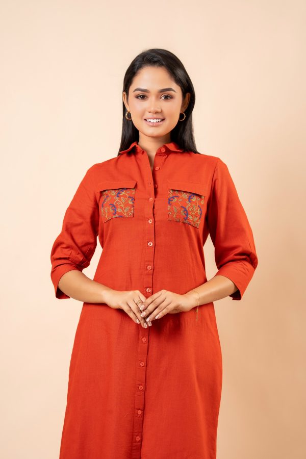 Pocket Embroidery Detail Midi Shirt Dress