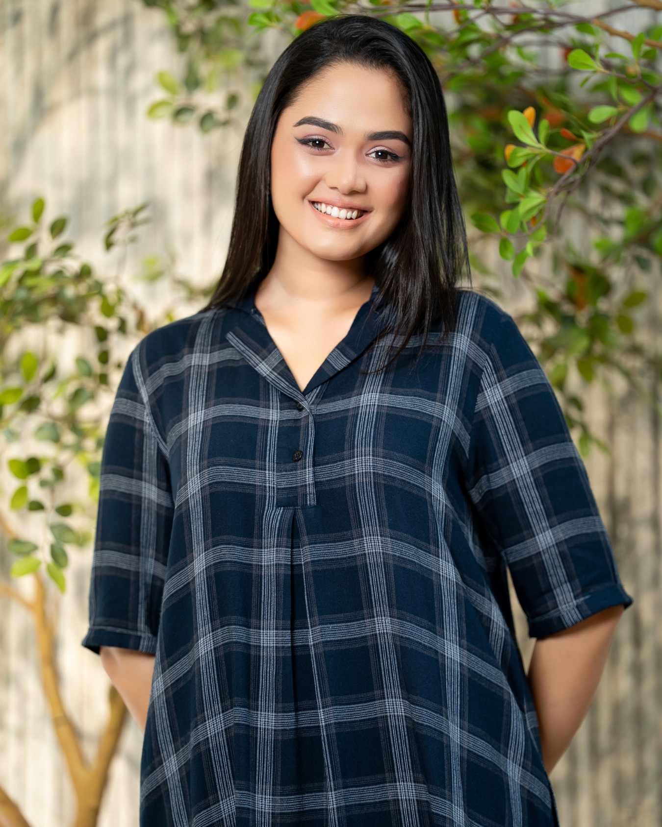 Plaid Patterned Loose Fit Lapel Collared Short Dress