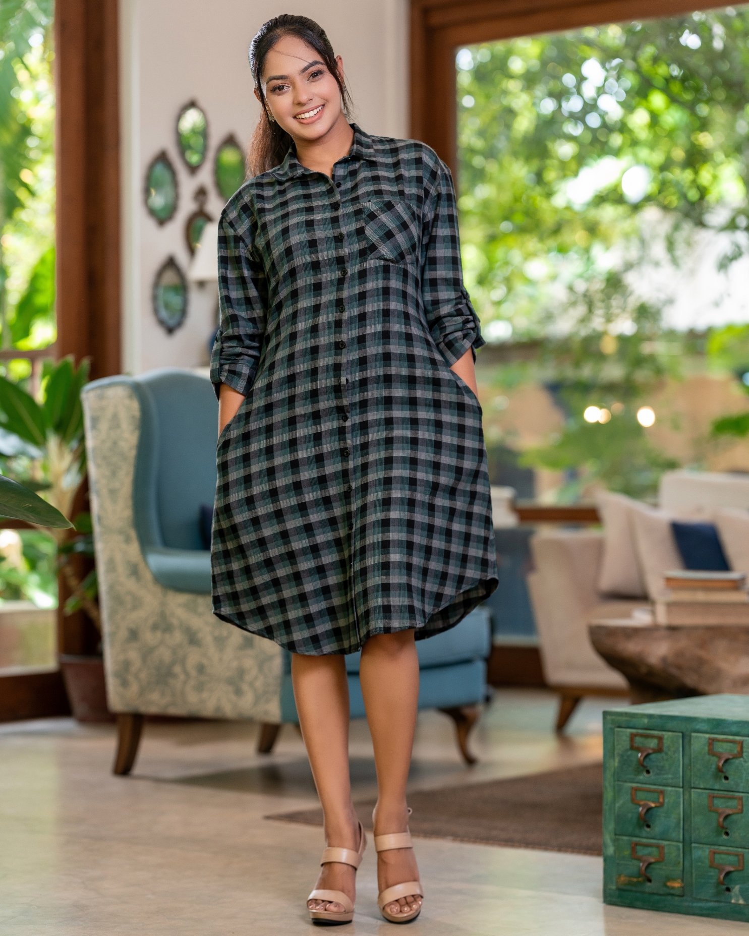 Pocket Detail Check Short Dress - Image 4