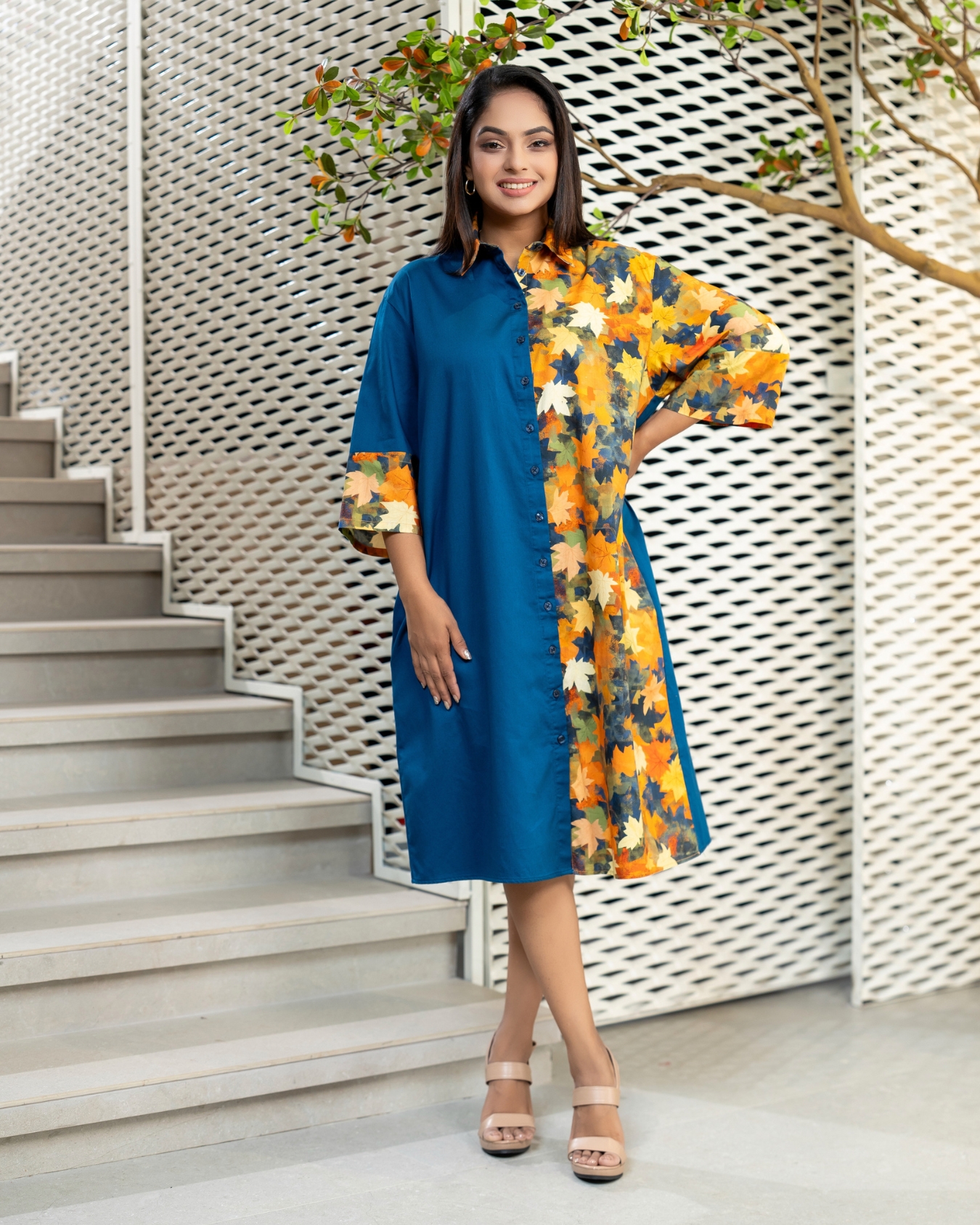 Leaf Patterned Colourblock Short Shirt Dress - Image 3