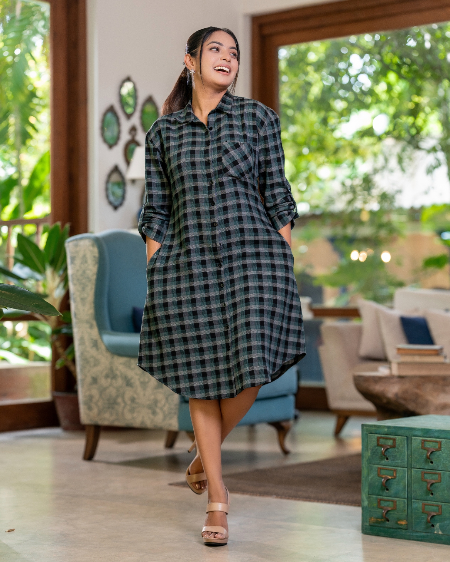 Pocket Detail Check Short Dress - Image 5