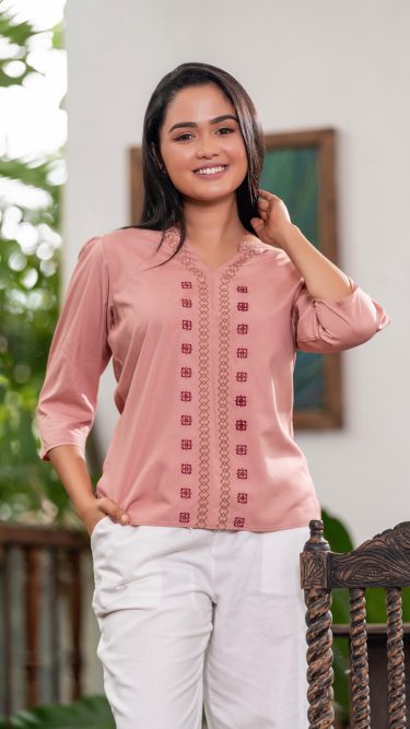 Geometric Embroidery Gathered Sleeve Top