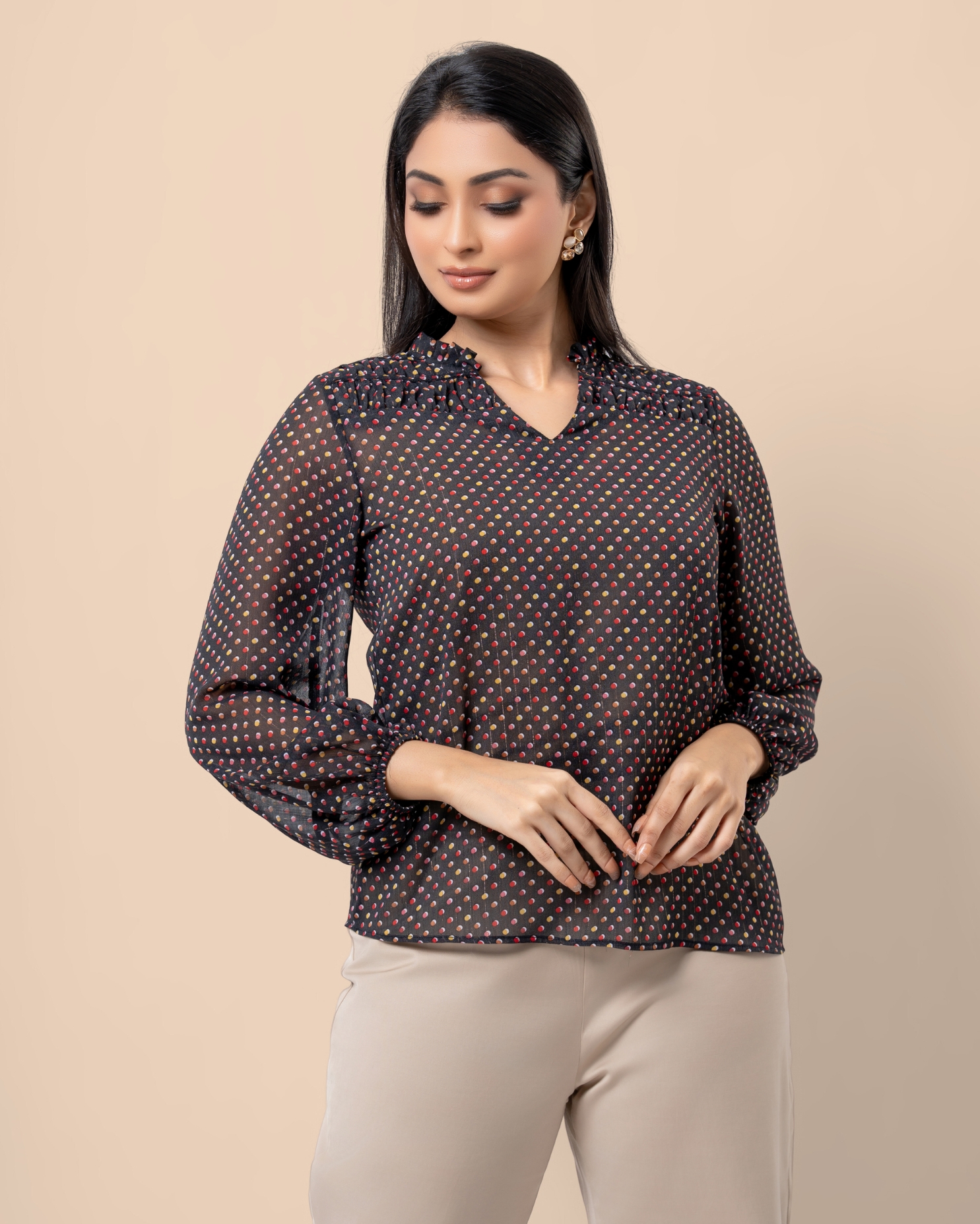 Polka Dot Patterned Long Puff Sleeve Blouse - Image 4