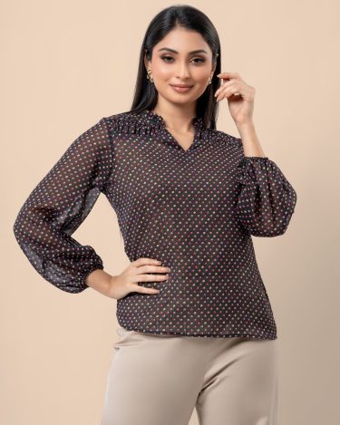 Polka Dot Patterned Long Puff Sleeve Blouse