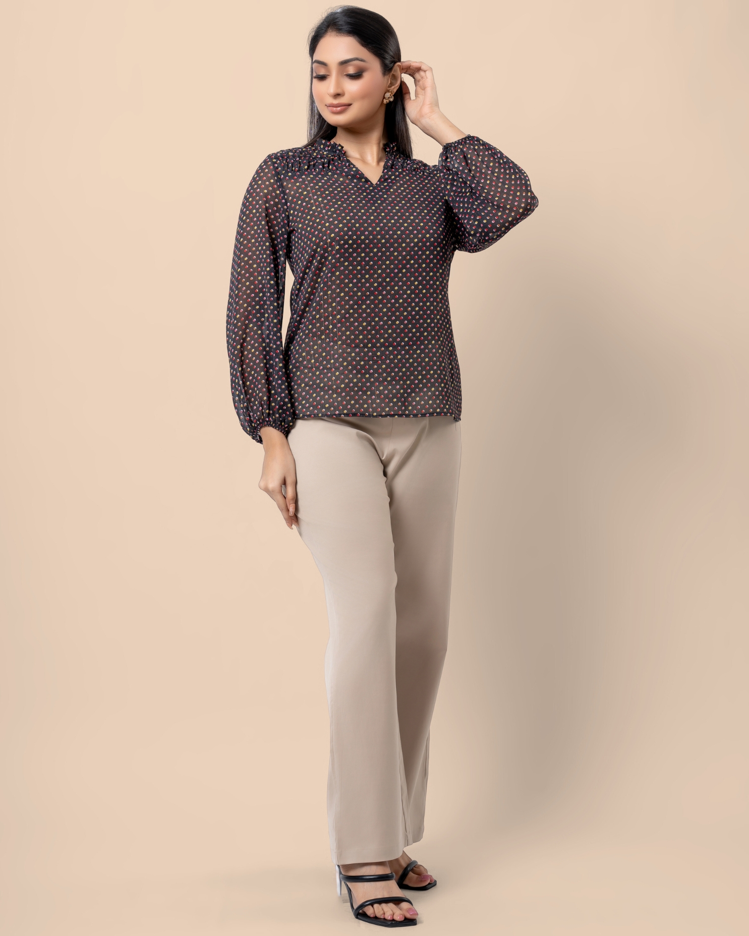 Polka Dot Patterned Long Puff Sleeve Blouse - Image 5