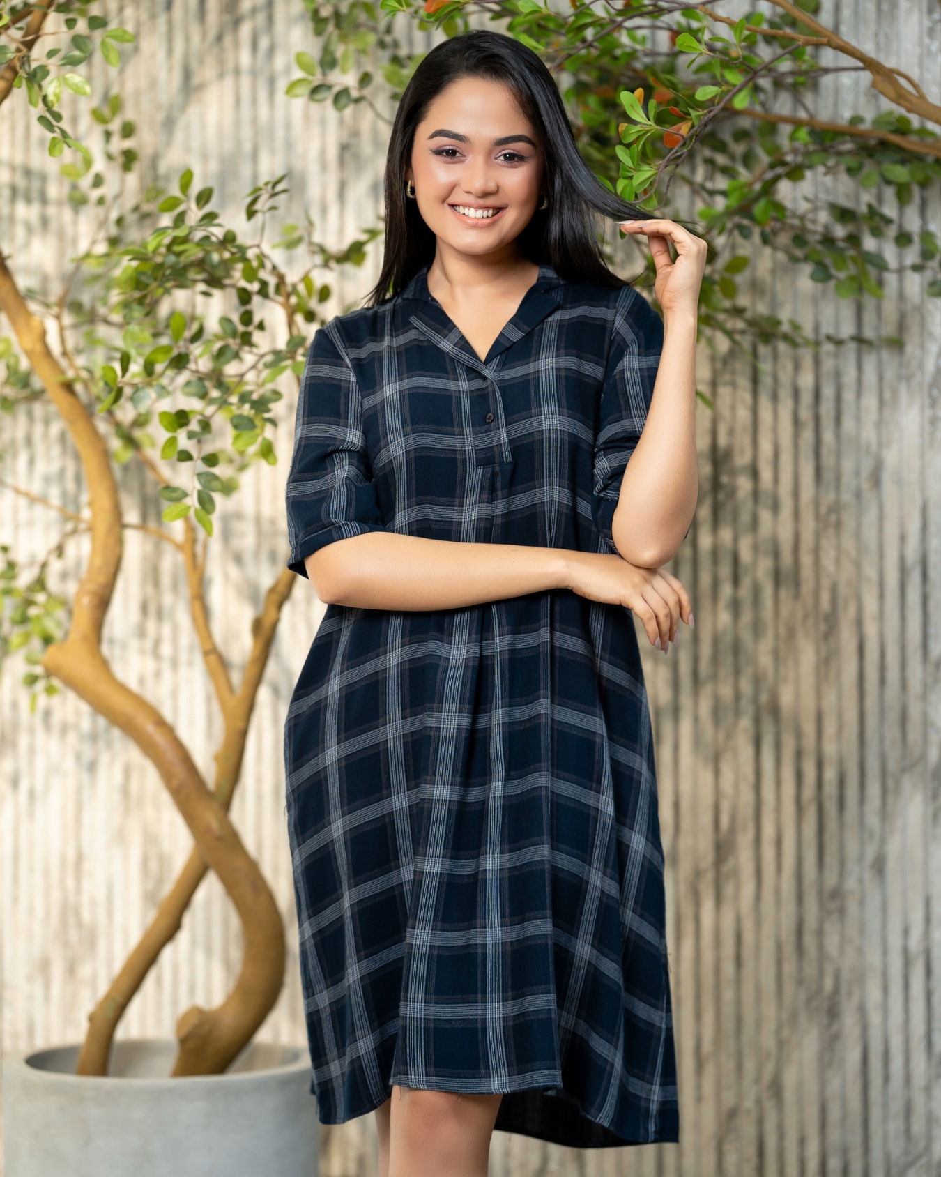 Plaid Patterned Loose Fit Lapel Collared Short Dress - Image 3